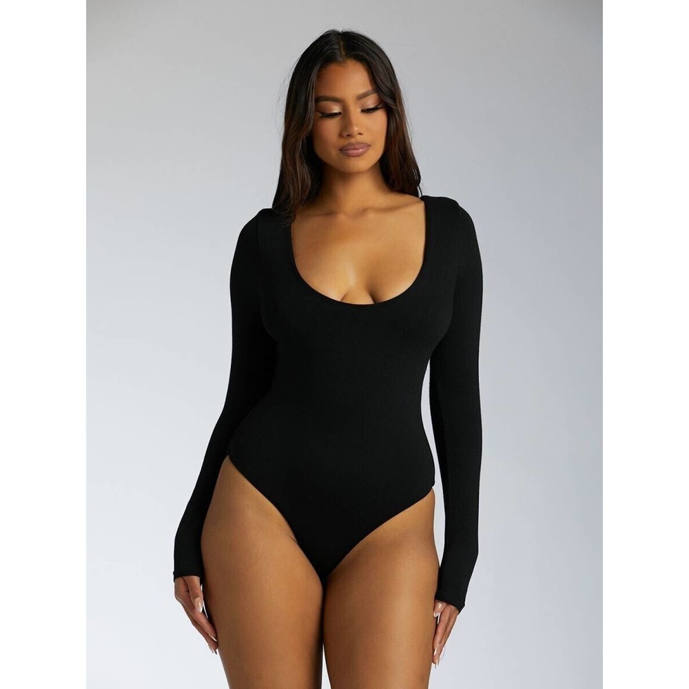 JR578 Naked Wardrobe Black Come Around Long-Sleeve Bodysuit Size M